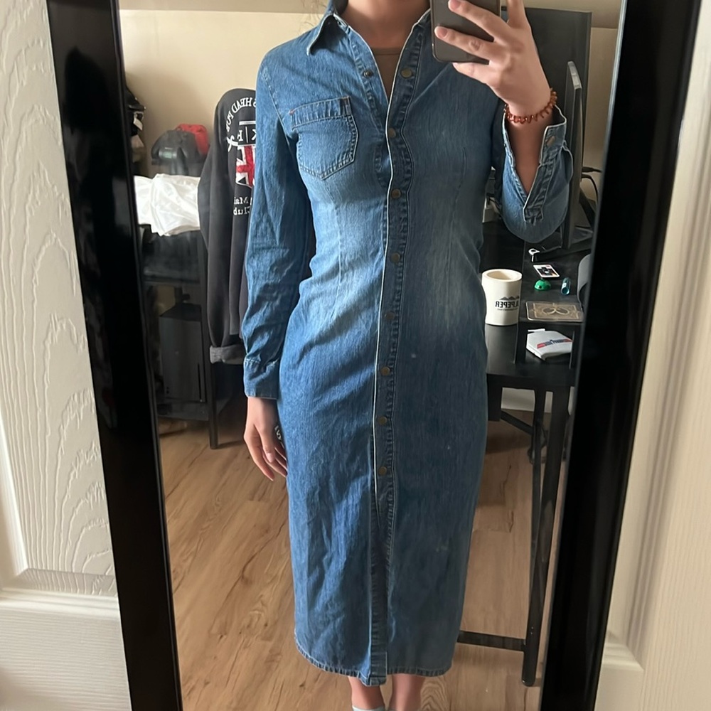 XS Real Denim Long Sleeve Button-Down Dress